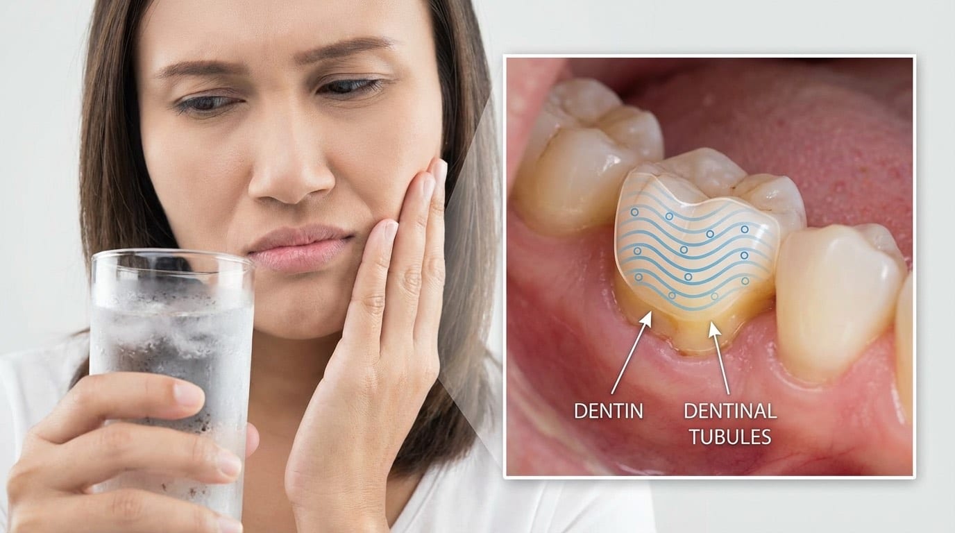 Sensibilité dentaire : schéma anatomique montrant l'émail érodé et les tubules dentinaires exposés au froid et au chaud