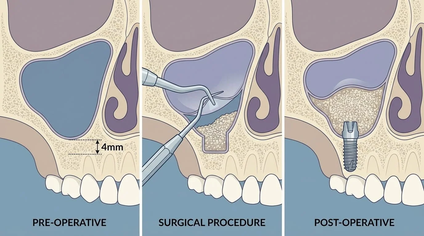 Anatomie du sinus lift : coupe sagittale montrant le sinus maxillaire, l'élévation de la membrane de Schneider et le comblement osseux