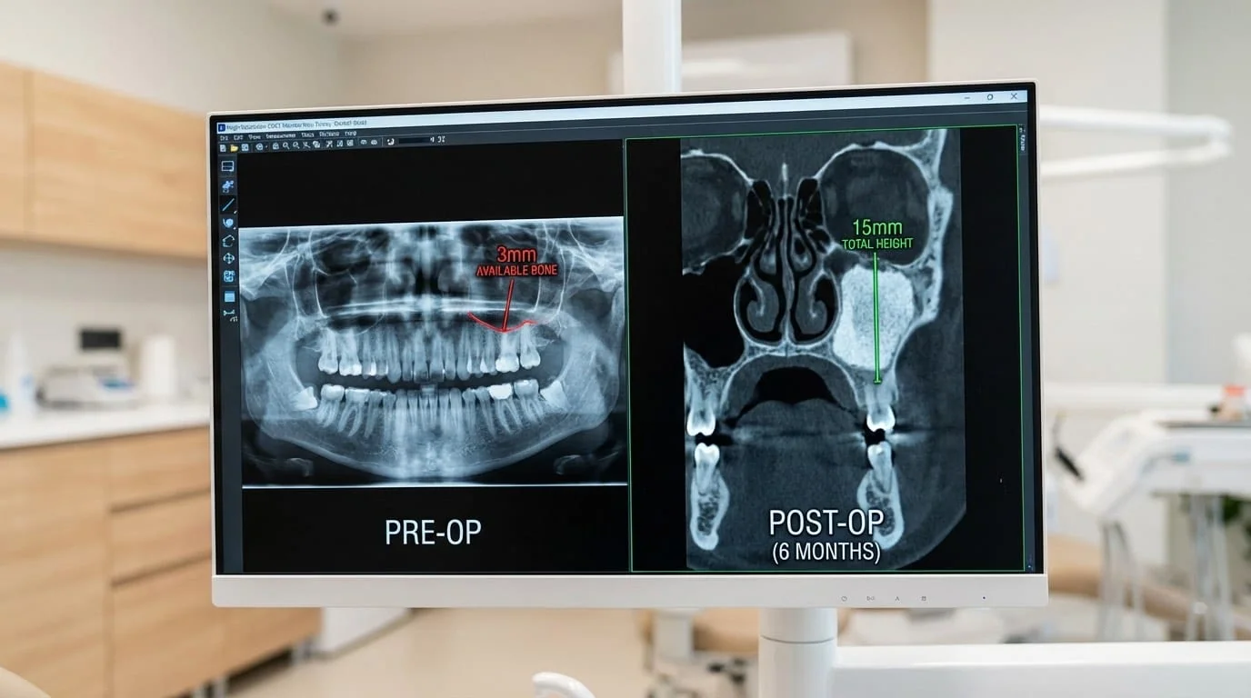 CBCT 3D avant sinus lift : visualisation du volume osseux résiduel et du plancher sinusien