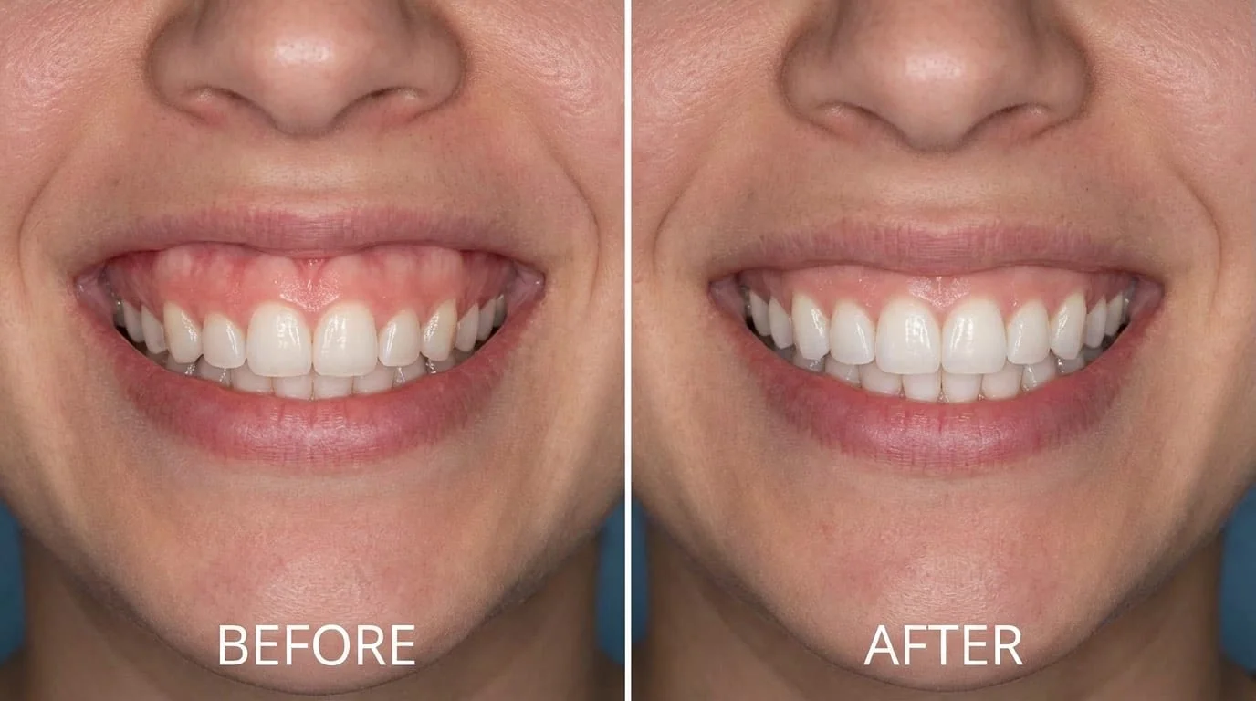 Avant et après correction de sourire gingival par gingivectomie laser dans une clinique dentaire à Istanbul