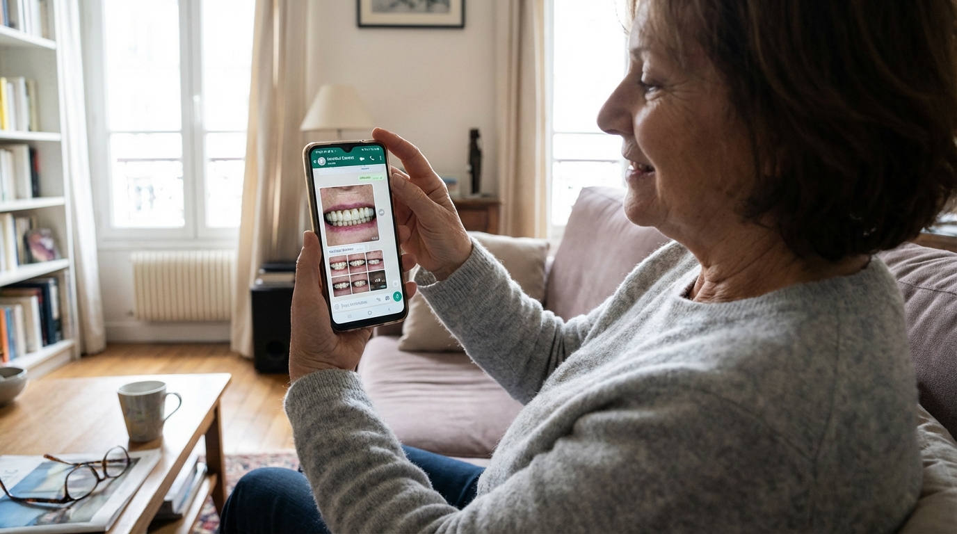 Téléconsultation de suivi post-opératoire dentaire : patient en vidéoconférence avec l'équipe de coordination