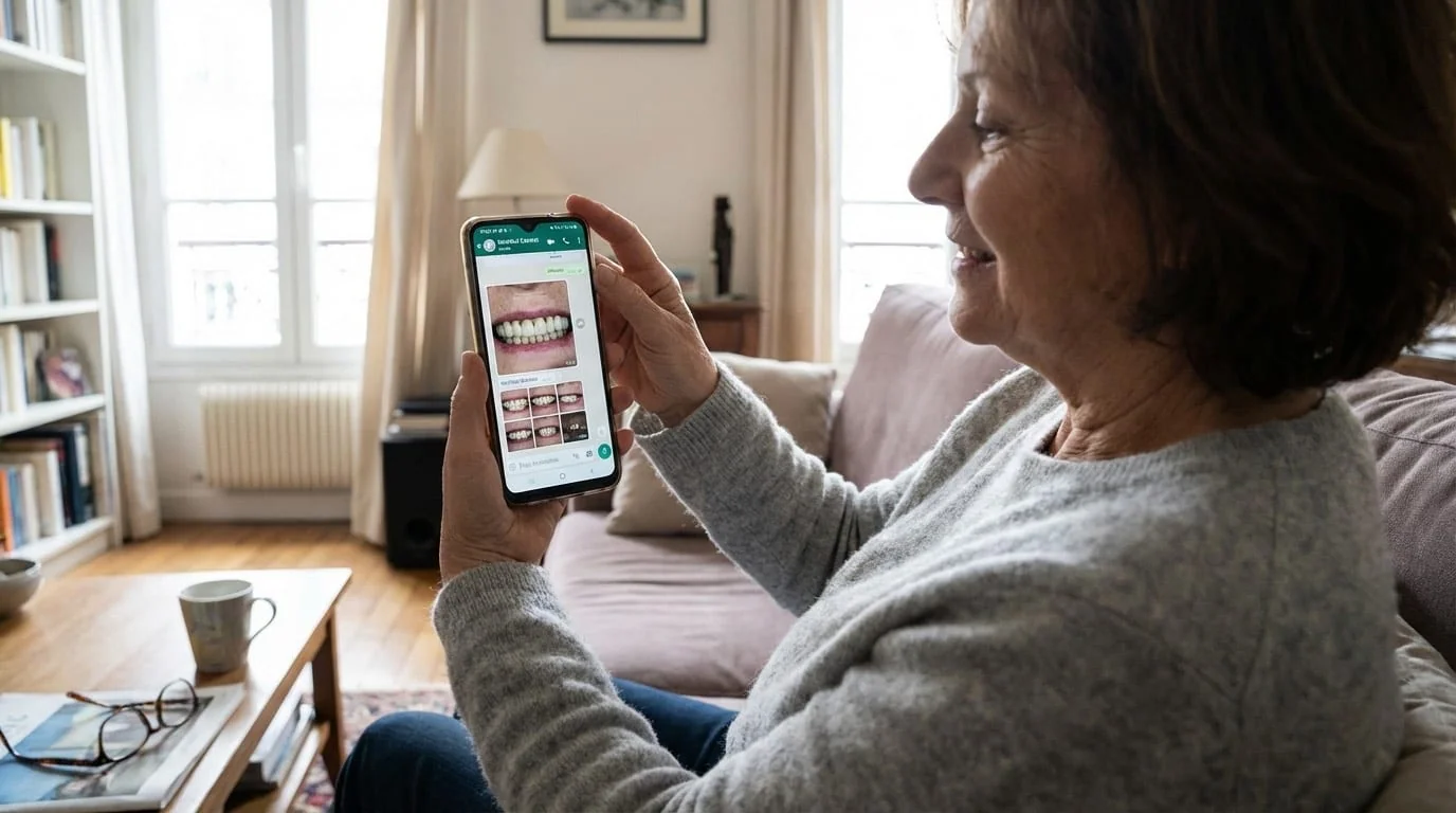 Téléconsultation de suivi post-opératoire dentaire : patient en vidéoconférence avec l'équipe de coordination