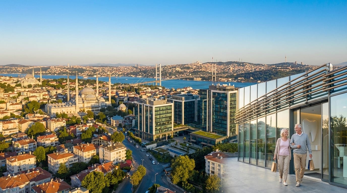 Tourisme dentaire à Istanbul — Renaissance Clinique 2026 Vue panoramique d'Istanbul avec le Bosphore et une clinique dentaire moderne — tourisme dentaire 2026