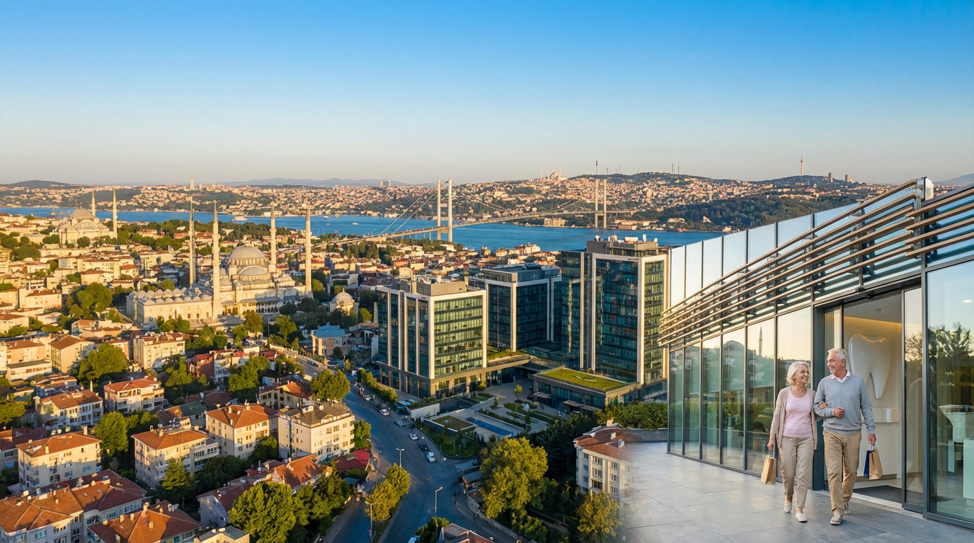 Vue panoramique d'Istanbul avec le Bosphore et une clinique dentaire moderne — tourisme dentaire 2026