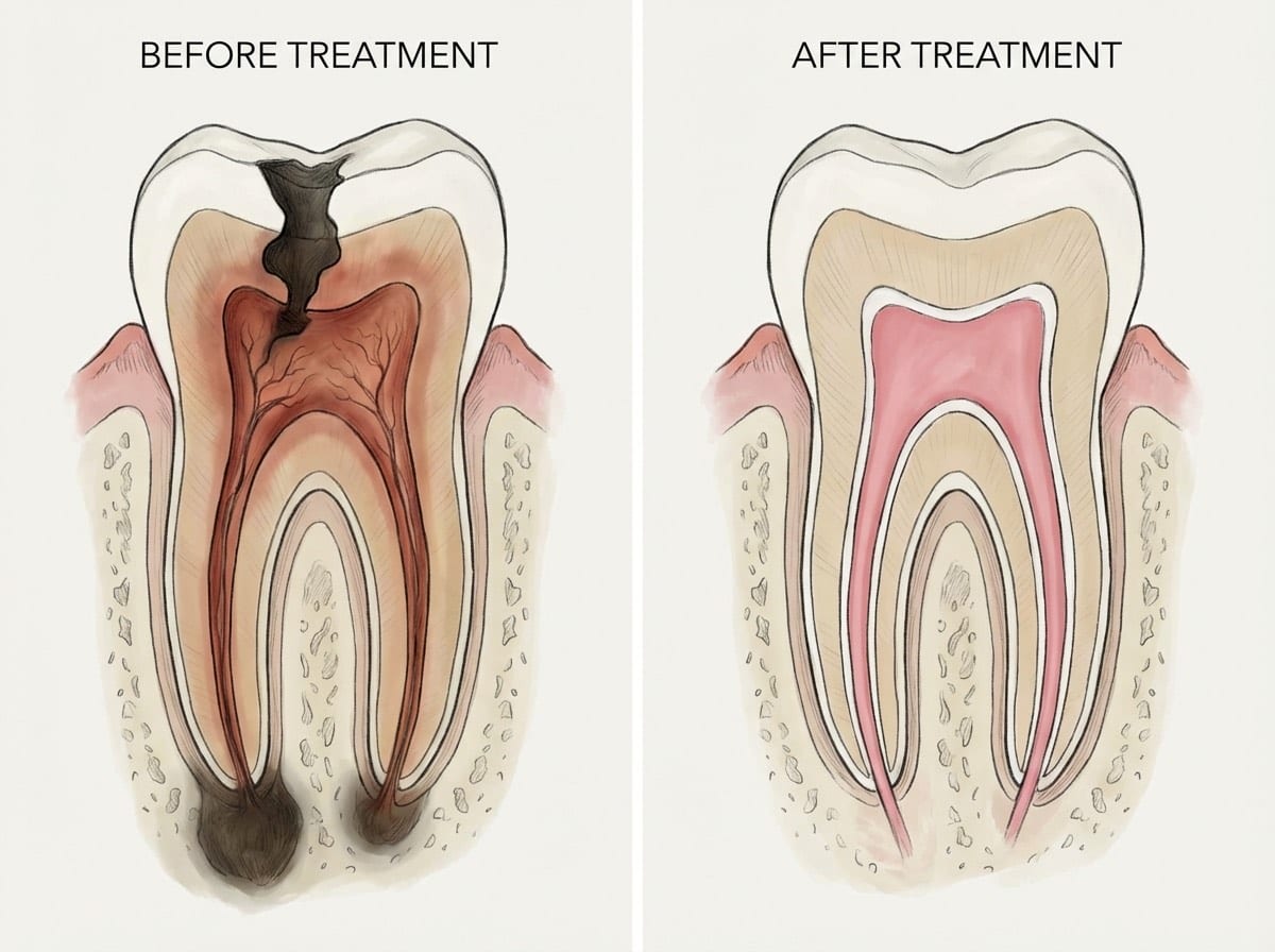 Anatomie traitement de canal — Système canalaire | Renaissance Clinique Anatomie du traitement de canal : coupe transversale d'une molaire avec les 3 canaux radiculaires et la pulpe