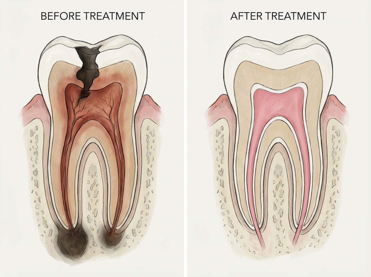Anatomie du traitement de canal : coupe transversale d'une molaire avec les 3 canaux radiculaires et la pulpe