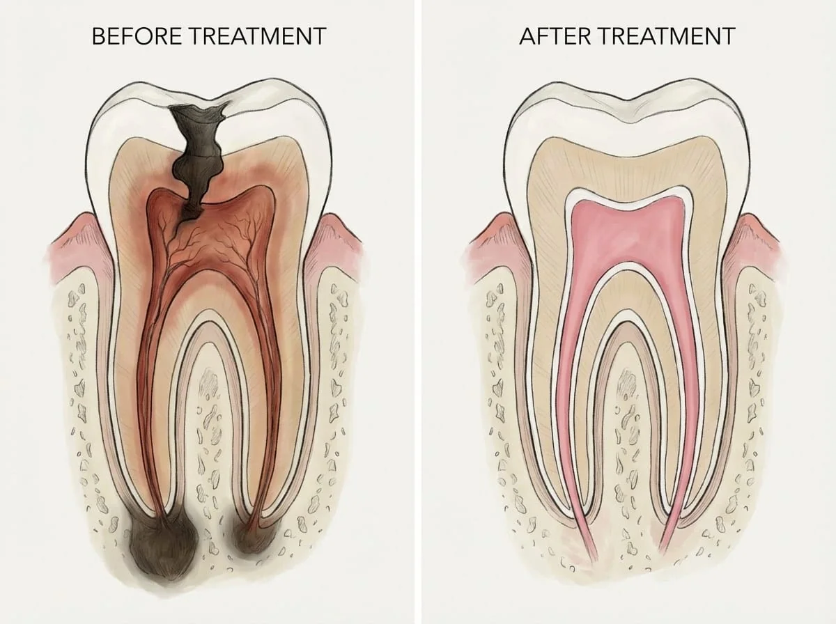 Anatomie du traitement de canal : coupe transversale d'une molaire avec les 3 canaux radiculaires et la pulpe