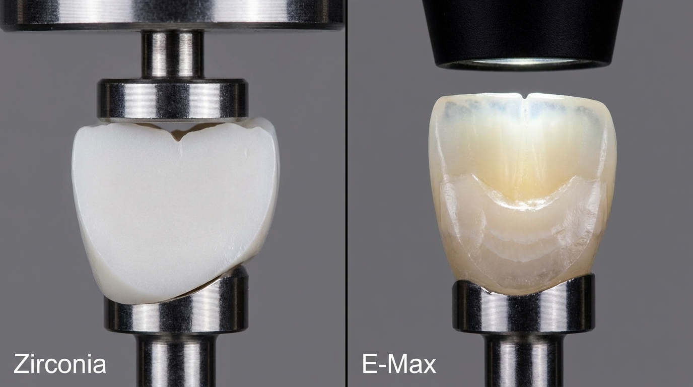 Vue microscopique zircone vs E-Max : structure cristalline, translucidité et propriétés optiques comparées