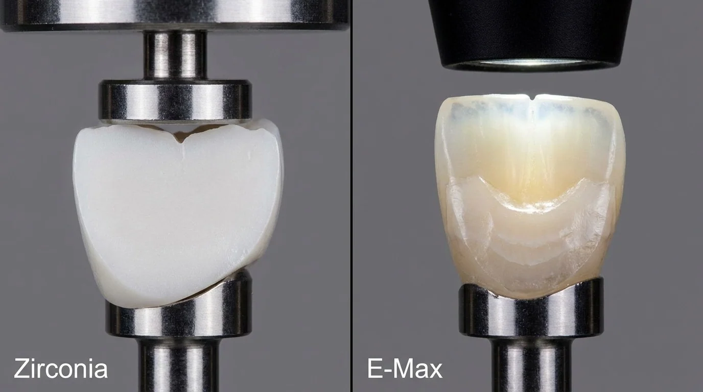 Vue microscopique zircone vs E-Max : structure cristalline, translucidité et propriétés optiques comparées