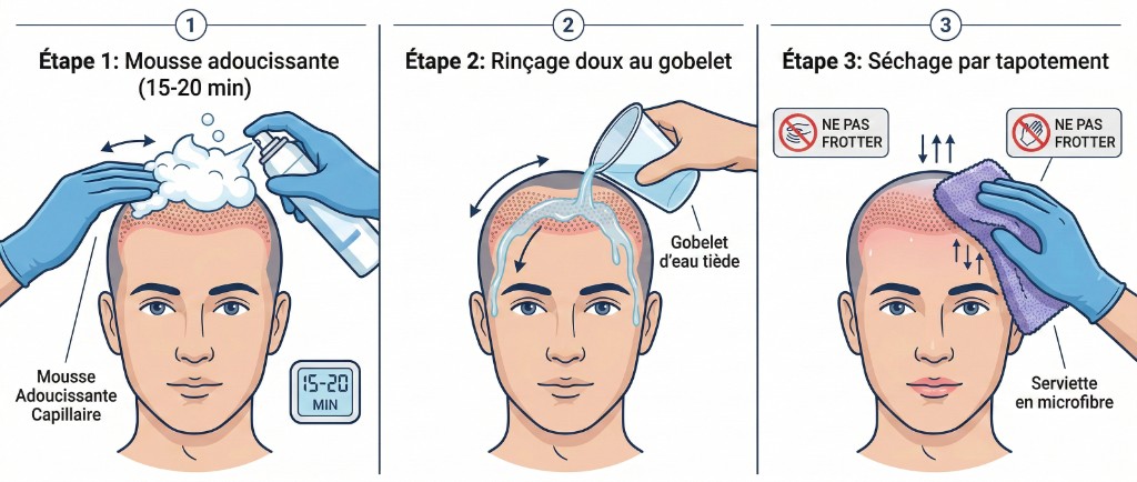 Schéma médical du protocole de premier lavage après greffe de cheveux en 3 étapes : Étape 1 application de la mousse adoucissante capillaire sur la zone greffée pendant 15-20 minutes, Étape 2 rinçage doux au gobelet d'eau tiède versée lentement sur le cuir chevelu (ne pas frotter), Étape 3 séchage par tapotement léger avec serviette en microfibre (ne pas frotter)