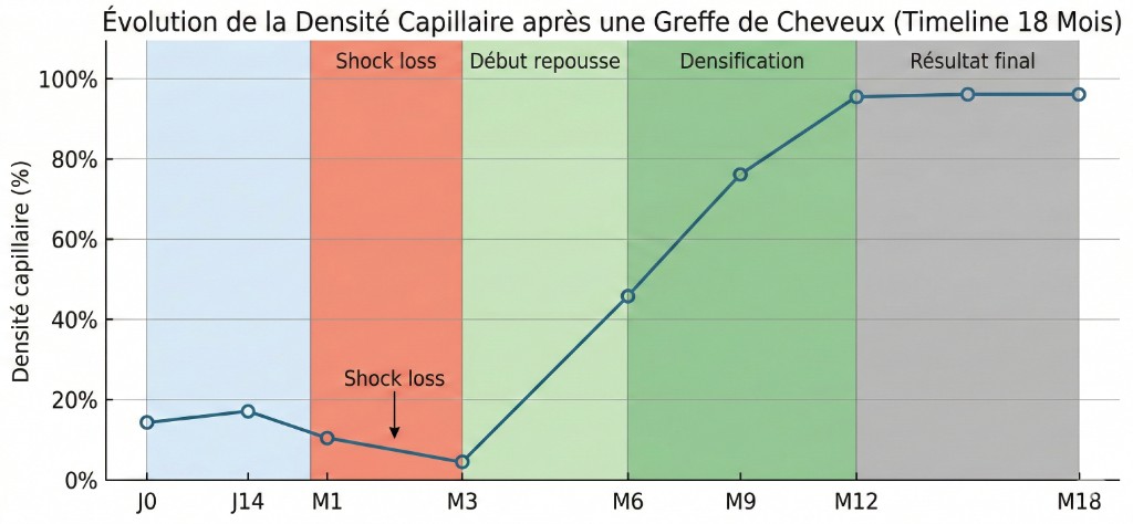 Graphique évolution de la densité capillaire après greffe de cheveux sur 18 mois : densité initiale 15% à J0, légère baisse pendant le shock loss entre M1 et M3 (minimum ~5%), début de repousse à M3, densification progressive de M6 (45%) à M9 (75%) puis M12 (95%), résultat final stable à 95-98% entre M12 et M18