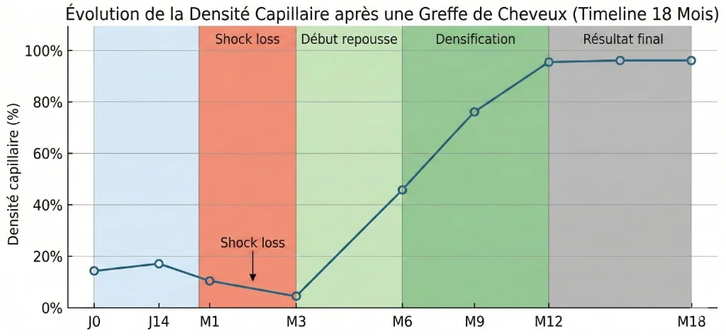 Évolution de la densité capillaire après greffe de cheveux — Timeline 18 mois (shock loss, repousse, densification) | Renaissance Clinique Graphique évolution de la densité capillaire après greffe de cheveux sur 18 mois : densité initiale 15% à J0, légère baisse pendant le shock loss entre M1 et M3 (minimum ~5%), début de repousse à M3, densification progressive de M6 (45%) à M9 (75%) puis M12 (95%), résultat final stable à 95-98% entre M12 et M18