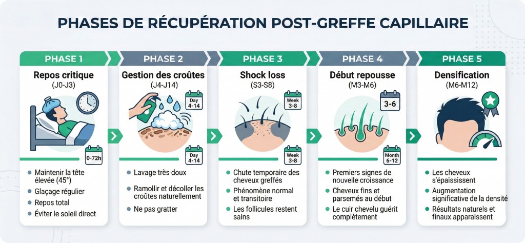 Phases de récupération post-greffe capillaire J0 à M12 — Timeline complète | Renaissance Clinique Infographie des 5 phases de récupération post-greffe capillaire : Phase 1 repos critique J0-J3 (maintenir tête élevée, glaçage, repos total), Phase 2 gestion des croûtes J4-J14 (lavage doux, ramollir et décoller naturellement), Phase 3 shock loss S3-S8 (chute temporaire normale, follicules restent sains), Phase 4 début repousse M3-M6 (cheveux fins et parsemés, cuir chevelu guérit), Phase 5 densification M6-M12 (épaississement, résultats naturels et finaux)