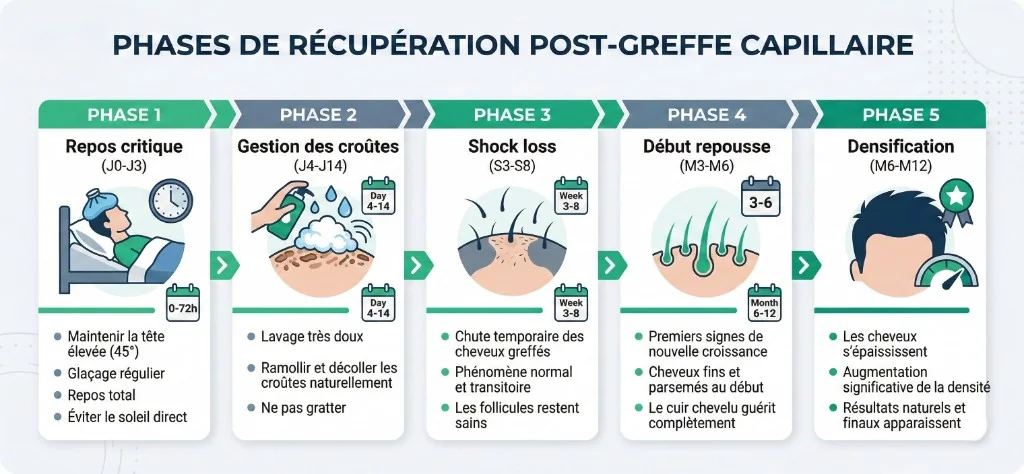 Phases de récupération post-greffe capillaire J0 à M12 — Timeline complète | Renaissance Clinique Infographie des 5 phases de récupération post-greffe capillaire : Phase 1 repos critique J0-J3 (maintenir tête élevée, glaçage, repos total), Phase 2 gestion des croûtes J4-J14 (lavage doux, ramollir et décoller naturellement), Phase 3 shock loss S3-S8 (chute temporaire normale, follicules restent sains), Phase 4 début repousse M3-M6 (cheveux fins et parsemés, cuir chevelu guérit), Phase 5 densification M6-M12 (épaississement, résultats naturels et finaux)
