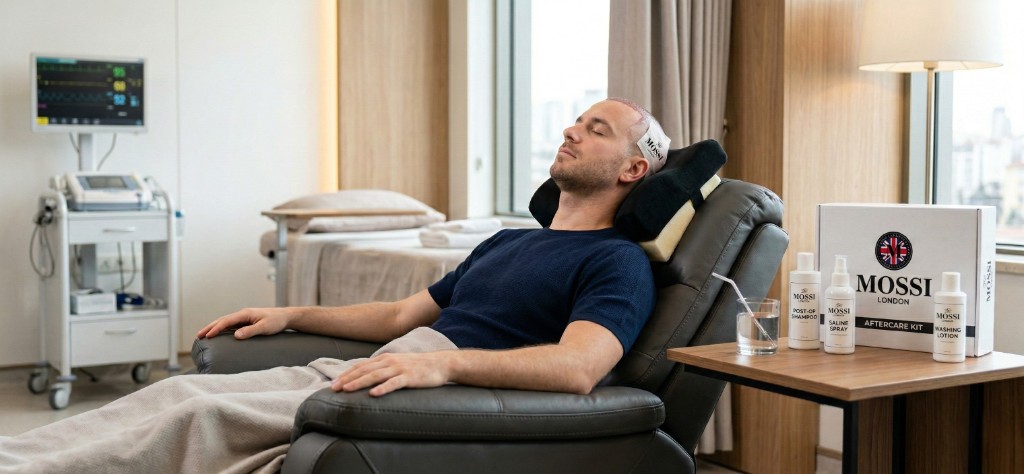 Patient en récupération après greffe de cheveux dans une clinique premium à Istanbul : position semi-assise avec coussin cervical en forme de U, pansement sur la zone greffée, monitoring médical en arrière-plan, Kit Mossi London Aftercare (shampoing post-op, spray salin, washing lotion) visible sur la table de chevet