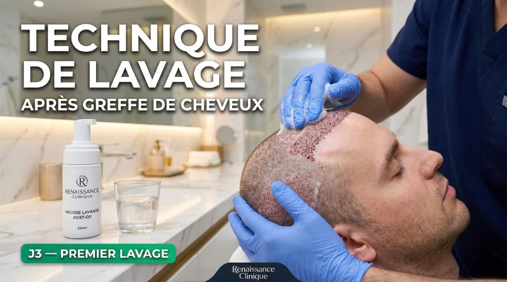 Technique de lavage J3 après greffe de cheveux : application de la mousse lavante post-opératoire sur le cuir chevelu greffé par un professionnel médical en clinique à Istanbul