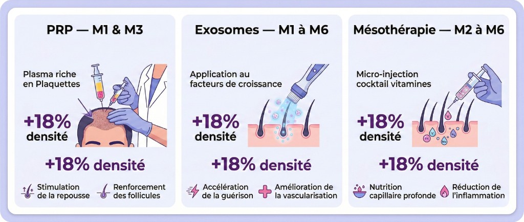 Infographie des 3 traitements complémentaires après greffe de cheveux : PRP (Plasma Riche en Plaquettes) à M1 et M3 avec +18% de densité capillaire, stimulation de la repousse et renforcement des follicules ; Exosomes de M1 à M6 avec application de facteurs de croissance, accélération de la guérison et amélioration de la vascularisation ; Mésothérapie de M2 à M6 avec micro-injection cocktail vitamines, nutrition capillaire profonde et réduction de l'inflammation