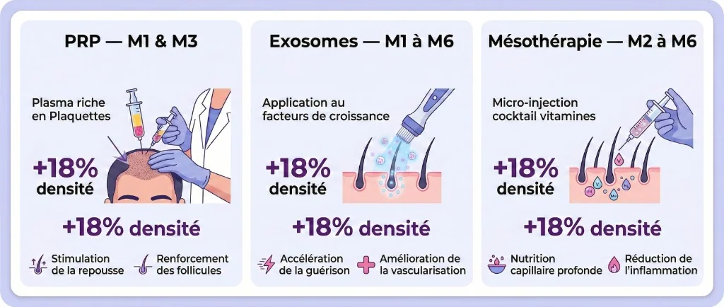 Traitements complémentaires post-greffe capillaire : PRP (+18% densité), Exosomes et Mésothérapie — M1 à M6 | Renaissance Clinique Infographie des 3 traitements complémentaires après greffe de cheveux : PRP (Plasma Riche en Plaquettes) à M1 et M3 avec +18% de densité capillaire, stimulation de la repousse et renforcement des follicules ; Exosomes de M1 à M6 avec application de facteurs de croissance, accélération de la guérison et amélioration de la vascularisation ; Mésothérapie de M2 à M6 avec micro-injection cocktail vitamines, nutrition capillaire profonde et réduction de l'inflammation