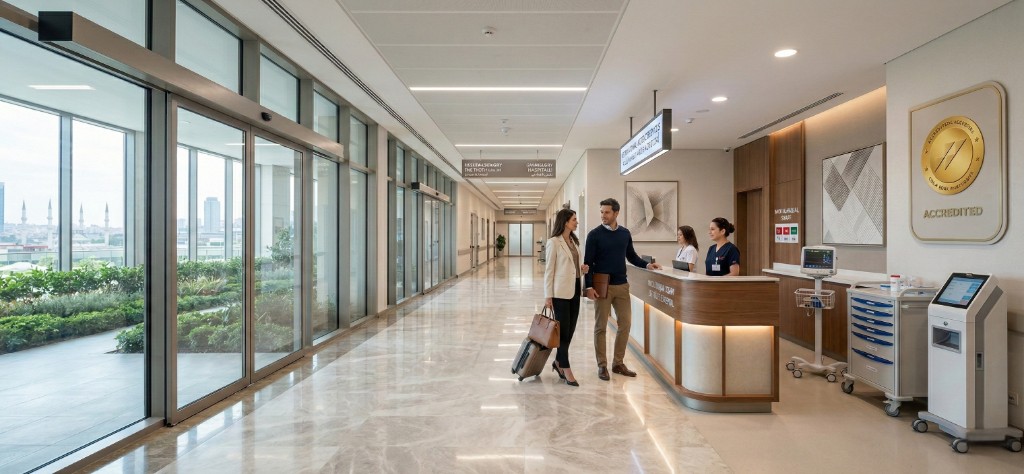 Accueil de patients internationaux dans un hôpital partenaire à Istanbul : hall moderne avec sols en marbre poli, baies vitrées panoramiques, couple de patients avec valise accueillis par deux coordinatrices à la réception, badge d'autorisation d'exercice doré visible au mur, équipement médical et écrans d'information