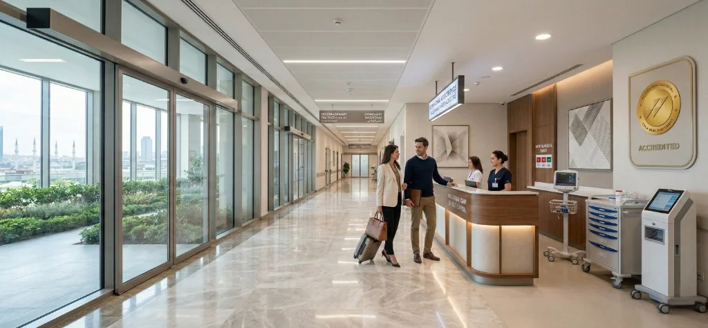 Accueil patients internationaux — Hôpital sérieux Istanbul | Renaissance Clinique Accueil de patients internationaux dans un hôpital partenaire à Istanbul : hall moderne avec sols en marbre poli, baies vitrées panoramiques, couple de patients avec valise accueillis par deux coordinatrices à la réception, badge d'autorisation d'exercice doré visible au mur, équipement médical et écrans d'information