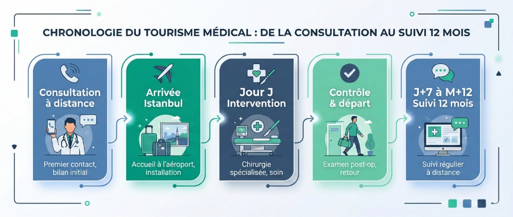 Infographie chronologie du tourisme médical à Istanbul en 5 étapes : 1) Consultation à distance (premier contact, bilan initial par téléphone), 2) Arrivée Istanbul (accueil à l'aéroport, installation hôtel), 3) Jour J Intervention (chirurgie spécialisée, soin en clinique JCI), 4) Contrôle et départ (examen post-opératoire, retour), 5) J+7 à M+12 Suivi 12 mois (suivi régulier à distance par visioconférence)