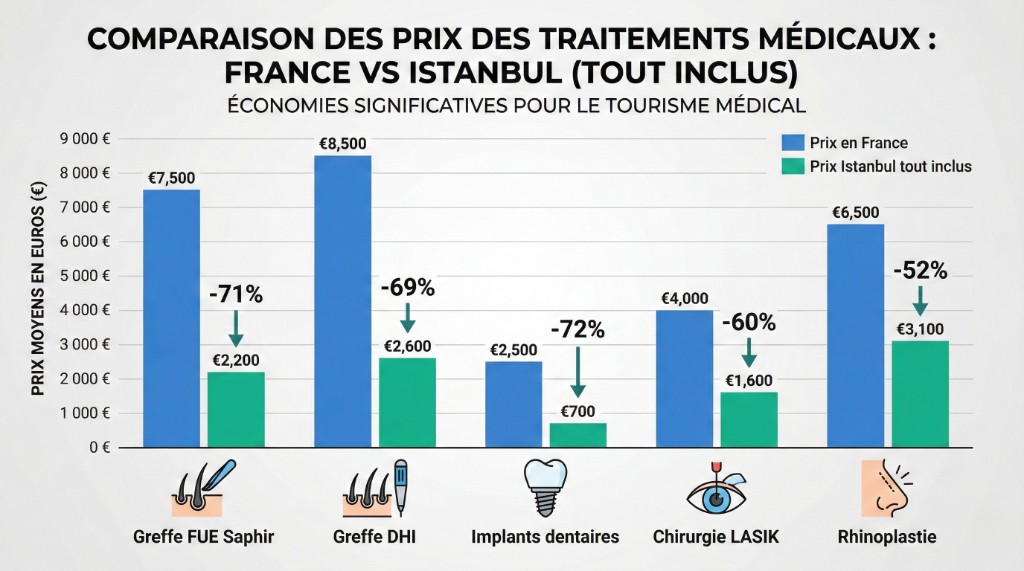 Graphique comparatif des prix des traitements médicaux France vs Istanbul (tout inclus) en 2026 : Greffe FUE Saphir 7 500 € en France vs 2 200 € à Istanbul (-71 %), Greffe DHI 8 500 € vs 2 600 € (-69 %), Implants dentaires 2 500 € vs 700 € (-72 %), Chirurgie LASIK 4 000 € vs 1 600 € (-60 %), Rhinoplastie 6 500 € vs 3 100 € (-52 %)