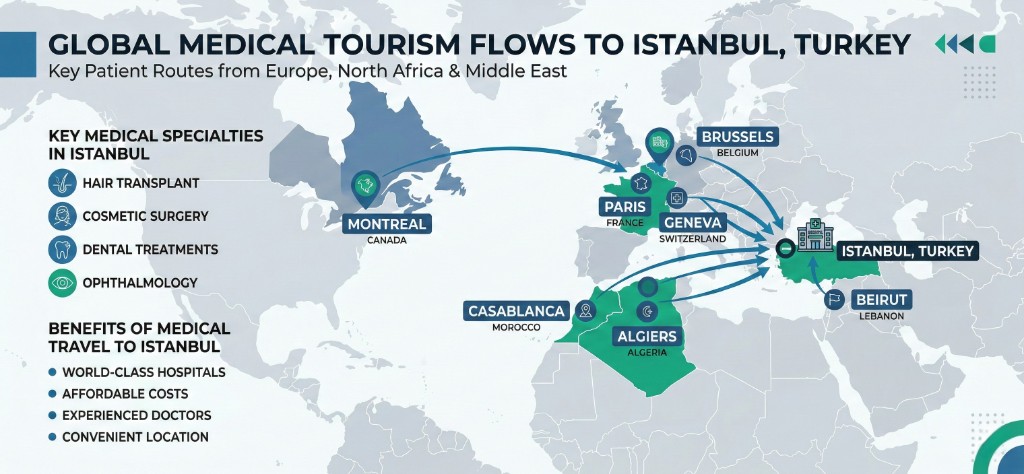 Infographie des flux mondiaux de tourisme médical vers Istanbul, Turquie : routes principales des patients depuis Paris (France), Bruxelles (Belgique), Genève (Suisse), Montréal (Canada), Casablanca (Maroc), Alger (Algérie) et Beyrouth (Liban). Spécialités médicales : greffe de cheveux, chirurgie esthétique, soins dentaires et ophtalmologie