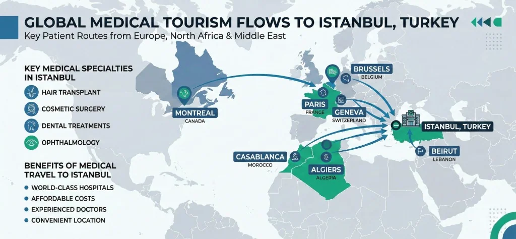Flux de patients internationaux vers Istanbul — Tourisme médical mondial 2026 | Renaissance Clinique Infographie des flux mondiaux de tourisme médical vers Istanbul, Turquie : routes principales des patients depuis Paris (France), Bruxelles (Belgique), Genève (Suisse), Montréal (Canada), Casablanca (Maroc), Alger (Algérie) et Beyrouth (Liban). Spécialités médicales : greffe de cheveux, chirurgie esthétique, soins dentaires et ophtalmologie