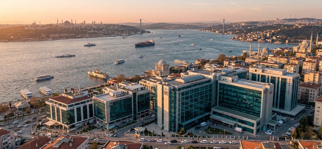 Vue aérienne du quartier hospitalier d'Istanbul au coucher du soleil : hôpitaux modernes en verre (Istanbul Medical Center) au premier plan, détroit du Bosphore avec ferries et navires, pont du Bosphore reliant l'Europe à l'Asie, mosquées historiques et skyline urbain en arrière-plan