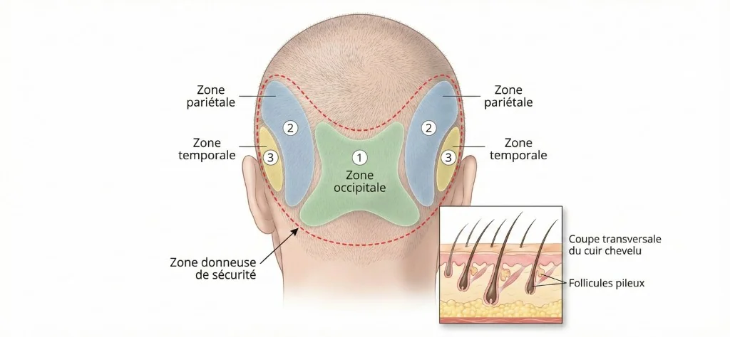 Anatomie de la Zone Donneuse : Régions Occipitale, Pariétale et Temporale — Greffe de Cheveux FUE Saphir | Renaissance Clinique Schéma anatomique de la zone donneuse pour greffe de cheveux : vue postérieure du crâne montrant les trois régions de prélèvement — (1) zone occipitale centrale en vert (densité 80-110 UF/cm², source principale de greffons résistants à la DHT), (2) zones pariétales latérales en bleu (densité 65-85 UF/cm², prélèvement complémentaire), (3) zones temporales en jaune (densité 50-70 UF/cm², prélèvement limité). Délimitation en pointillés rouges de la zone donneuse de sécurité (safe donor area). Encart en coupe transversale du cuir chevelu montrant la profondeur et l'angle d'implantation des follicules pileux