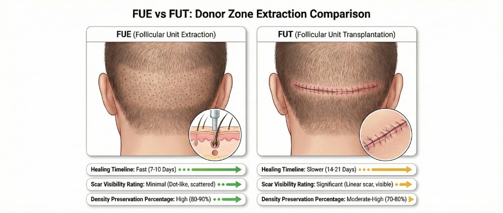 Comparaison médicale FUE vs FUT sur la zone donneuse : à gauche, technique FUE (Follicular Unit Extraction) montrant des micro-points de prélèvement dispersés sur la zone occipitale avec encart illustrant l'extraction d'une unité folliculaire par punch cylindrique — cicatrisation rapide (7-10 jours), visibilité cicatricielle minimale (points dispersés), préservation de densité élevée (80-90%). À droite, technique FUT (Follicular Unit Transplantation) montrant une cicatrice linéaire horizontale suturée sur la zone occipitale avec encart illustrant les points de suture — cicatrisation plus lente (14-21 jours), cicatrice linéaire visible, préservation de densité modérée-élevée (70-80%)