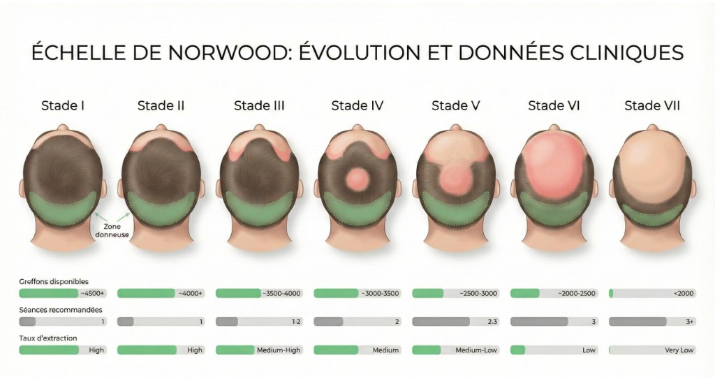 Infographie médicale de l'échelle de Norwood (stades I à VII) avec données cliniques sur la zone donneuse : Stade I (~4 500+ greffons disponibles, 1 séance, taux d'extraction élevé), Stade II (~4 000+ greffons, 1 séance, taux élevé), Stade III (~3 500-4 000 greffons, 1-2 séances, taux moyen-élevé), Stade IV (~3 000-3 500 greffons, 2 séances, taux moyen), Stade V (~2 500-3 000 greffons, 2-3 séances, taux moyen-faible), Stade VI (~2 000-2 500 greffons, 3 séances, taux faible), Stade VII (<2 000 greffons, 3+ séances, taux très faible). Zone donneuse en vert, zones de calvitie en rose/rouge. Barres de progression indiquant greffons disponibles, séances recommandées et taux d'extraction par stade