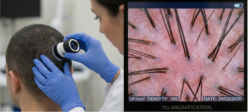 Examen trichoscopique de la zone donneuse avant greffe de cheveux : à gauche, dermatologue en gants stériles appliquant un trichoscope numérique sur la région occipitale d'un patient masculin aux cheveux courts — à droite, image trichoscopique au grossissement 70x montrant les unités folliculaires individuelles (simples, doubles et triples) avec mesure de densité affichée à 185 UF/cm² et horodatage clinique (24/02/2026)