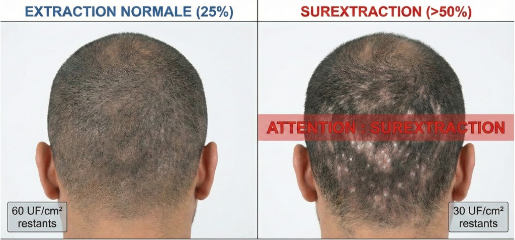 Comparaison clinique extraction normale vs surextraction de la zone donneuse : à gauche, extraction normale (25% des follicules prélevés) — arrière du crâne masculin aux cheveux courts montrant une densité uniforme et homogène, micro-points de prélèvement à peine visibles, densité résiduelle de 60 UF/cm². À droite, surextraction (>50% des follicules prélevés) — même angle montrant des plaques clairsemées visibles (aspect moth-eaten), cicatrices punctiformes blanches dispersées, zones amincies au centre de la région occipitale, densité résiduelle tombée à 30 UF/cm², bandeau d'avertissement rouge « ATTENTION : SUREXTRACTION »