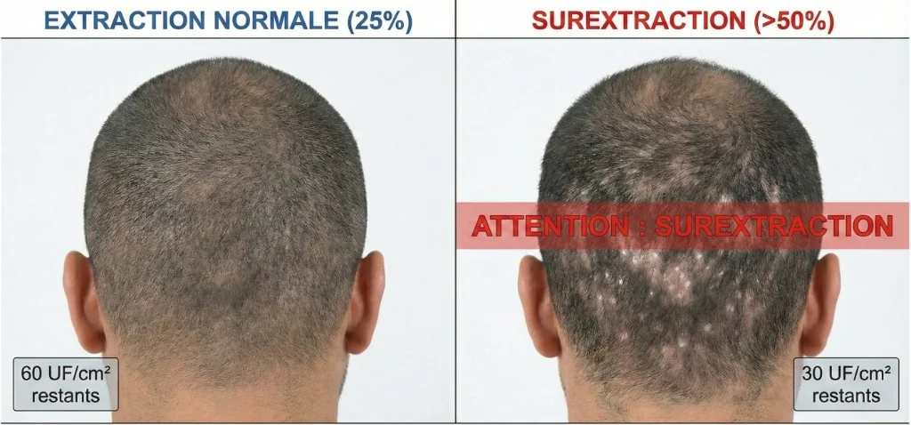 Over-Harvesting Zone Donneuse : Extraction Normale (25%, 60 UF/cm²) vs Surextraction (>50%, 30 UF/cm²) — Risques de la Greffe Low-Cost | Renaissance Clinique Comparaison clinique extraction normale vs surextraction de la zone donneuse : à gauche, extraction normale (25% des follicules prélevés) — arrière du crâne masculin aux cheveux courts montrant une densité uniforme et homogène, micro-points de prélèvement à peine visibles, densité résiduelle de 60 UF/cm². À droite, surextraction (>50% des follicules prélevés) — même angle montrant des plaques clairsemées visibles (aspect moth-eaten), cicatrices punctiformes blanches dispersées, zones amincies au centre de la région occipitale, densité résiduelle tombée à 30 UF/cm², bandeau d'avertissement rouge « ATTENTION : SUREXTRACTION »