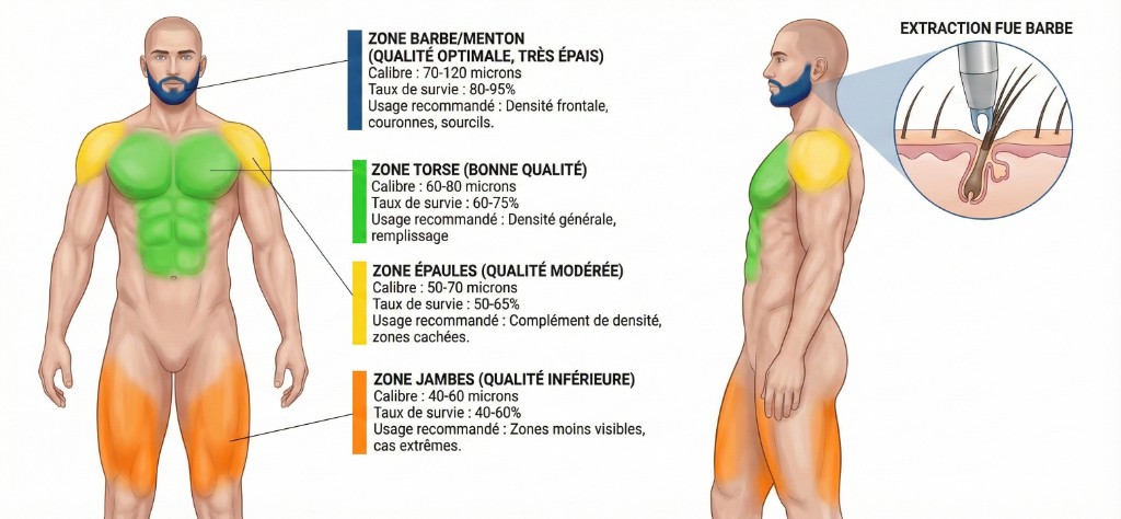 Schéma anatomique des zones donneuses BHT (Body Hair Transplant) sur le corps masculin : zone barbe/menton en bleu (qualité optimale, calibre 70-120 microns, taux de survie 80-95%, usage densité frontale et couronnes), zone torse en vert (bonne qualité, calibre 60-80 microns, taux de survie 60-75%, usage densité générale et remplissage), zone épaules en jaune (qualité modérée, calibre 50-70 microns, taux de survie 50-65%, complément de densité), zone jambes en orange/rouge (qualité inférieure, calibre 40-60 microns, taux de survie 40-60%, zones moins visibles). Encart à droite : extraction FUE depuis la barbe montrant le punch et l'unité folliculaire extraite avec bulbe intact